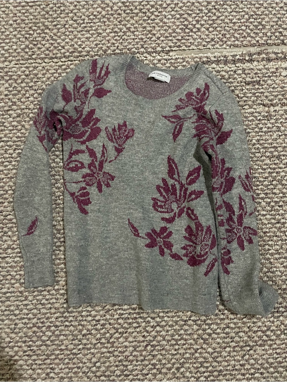 Liz Claiborne Gray Crewneck Sweater with Plum Floral Design